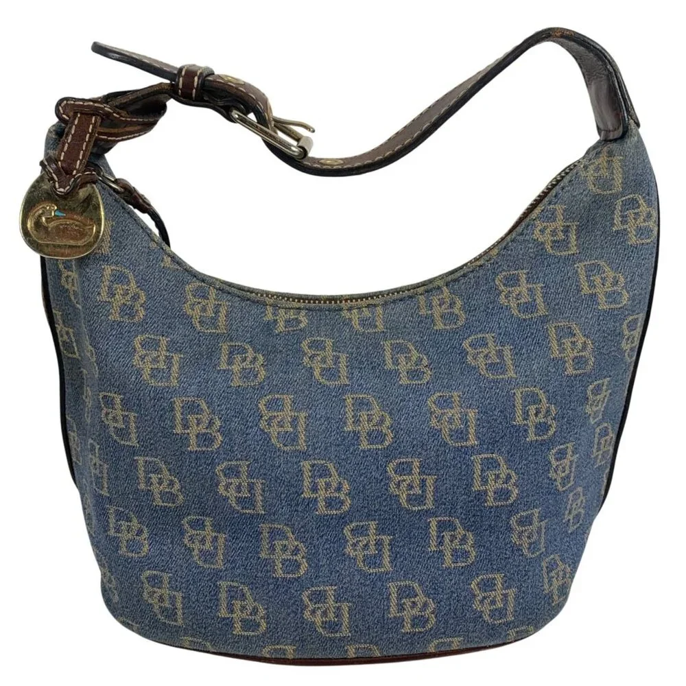 Dooney Bourke Blue Denim Jeans DB Logo Brown Leather Mini Hobo Bag Vintage Y2K